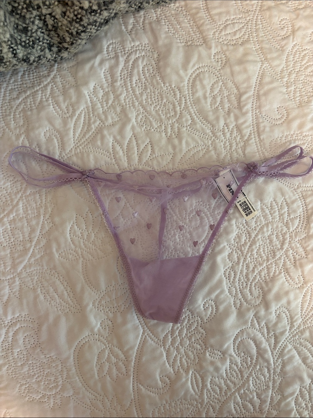 NWT! Pink Victoria Secret Sheer Lavender Heart Lace Thong
